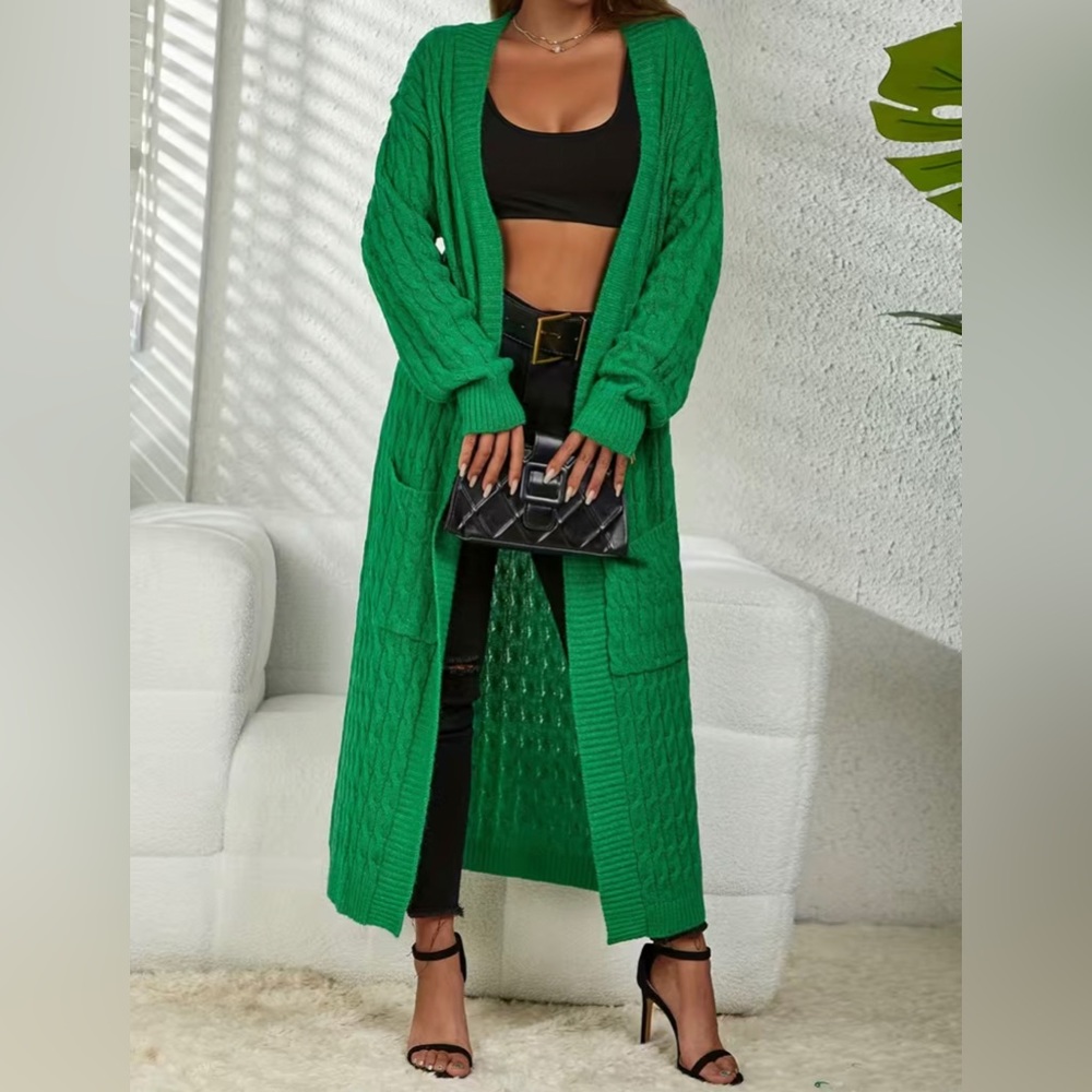 Long Maxi Cardigan Cable Knitted Long Sleeve Open Front Sweater - Picture 5 of 13
